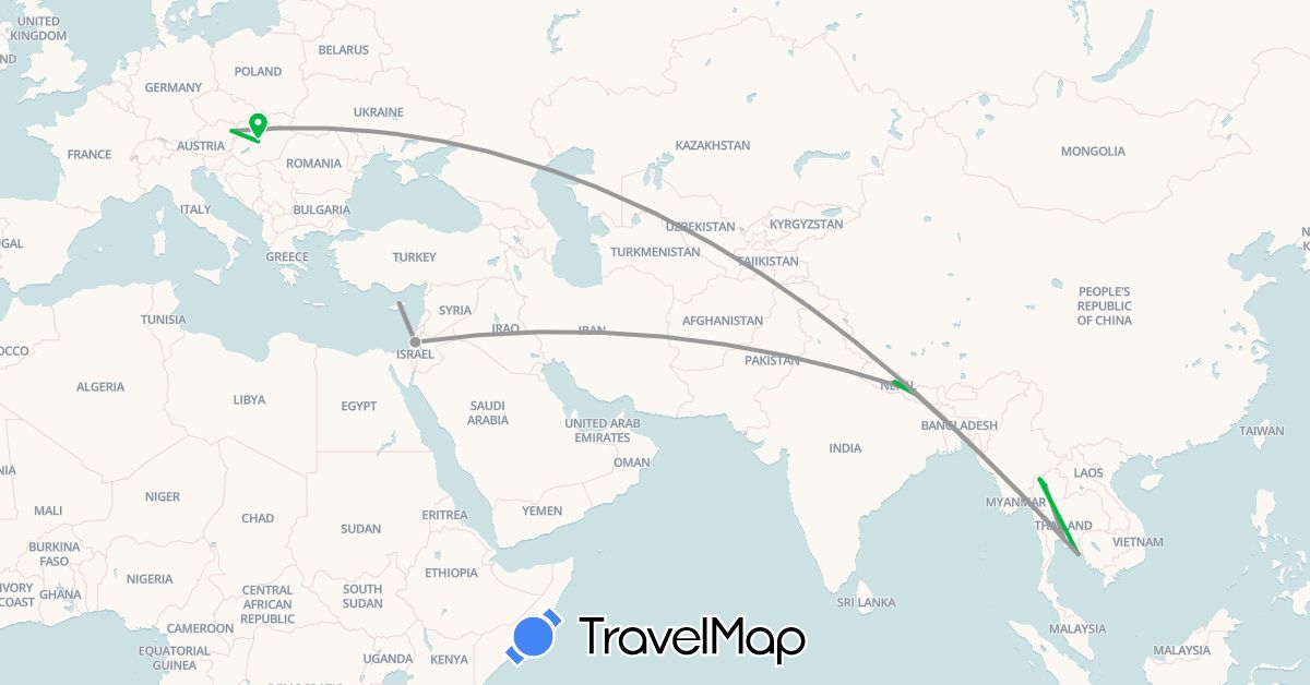 TravelMap itinerary: driving, bus, plane, hiking in Austria, Cyprus, Hungary, Israel, Nepal, Thailand (Asia, Europe)